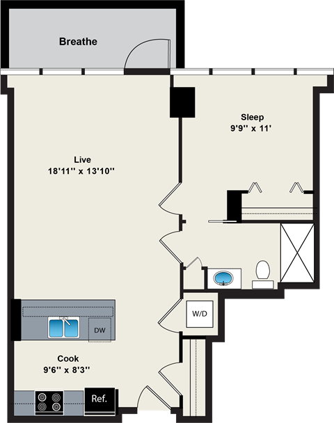 Floor plan for 1 bed, 1 bath, 676 sqft